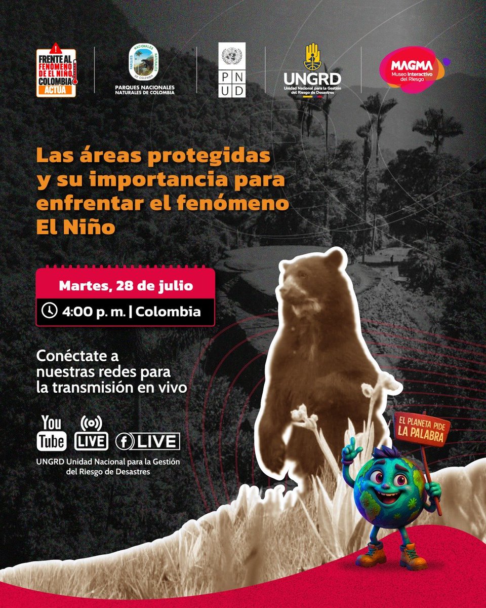 UNGRD's tweet photo. #Webinar | 🌍 Las Áreas Protegidas y la Gestión Integral del Riesgo son clave para proteger la biodiversidad y el bienestar de nuestras comunidades.

Te invitamos a un espacio de diálogo entre entidades líderes en gestión del riesgo, conservación de la biodiversidad y preparación frente al Fenómeno El Niño. 

Descubre cómo las soluciones basadas en la naturaleza fortalecen la capacidad de nuestros ecosistemas para enfrentar los desafíos del clima.

🎙️ Conéctate a #ElPlanetaPideLaPalabra
📅 Martes, 28 de Julio
🕓 4:00 pm (Colombia)
🔗 Transmisión en vivo - https://t.co/o7FTG5ifkk

¡Te esperamos!