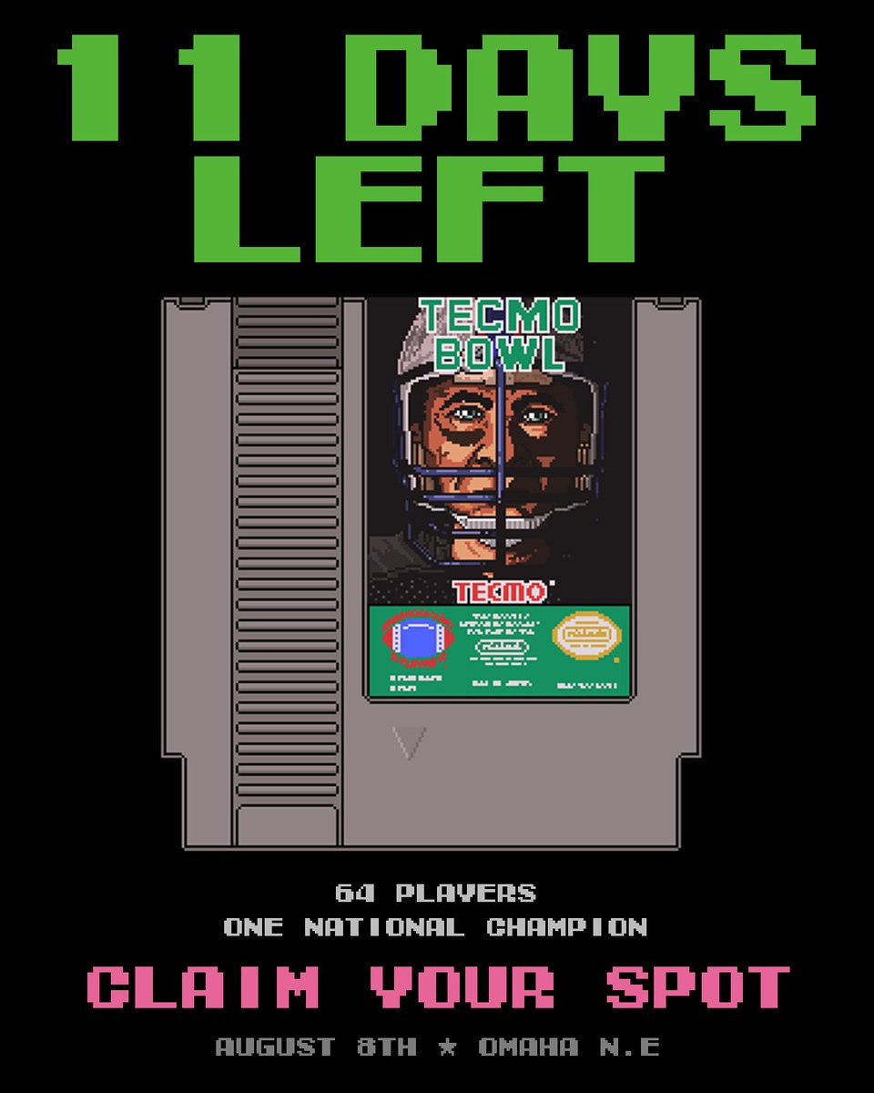 TecmoBowlLeague's tweet photo. Who's the greatest Tecmo Bowl player playing today?

Time to settle it!

🎮 11th Annual National Championship
🏆 Omaha • August 8 at @DJsDugout 
🏈 Sponsored by @312SportsCards1  

Think you've got a shot? 

Claim your spot before the bracket fills.

https://t.co/ZbONM44PgF https://t.co/Vz3hmH1Bnh