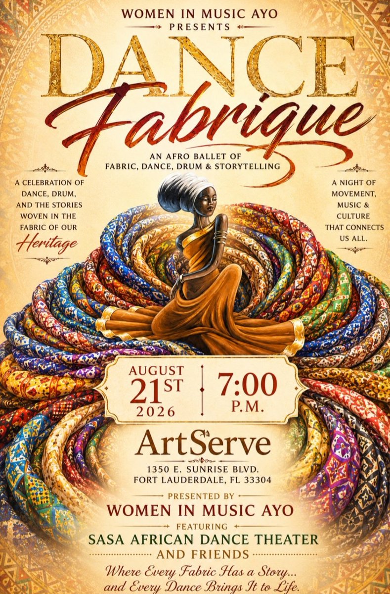 DAXPRESS's tweet photo. ** FRIDAY AUG 21st 2026 **  @sasadancendrum and @womeninmusicayo presents 🪇 "DANCE FABRIQUE: an Urban Afro Ballet" 🪘💃🏿🧑🏿‍🩰 @ ARTSERVE 1350 E Sunrise Blvd, Fort Lauderdale, FL 33304 305 316-3396
https://t.co/ljglcashqV

#dance #drum #fabric #Art #Culture #Music #Afro #Ballet https://t.co/L95oJoeUP9