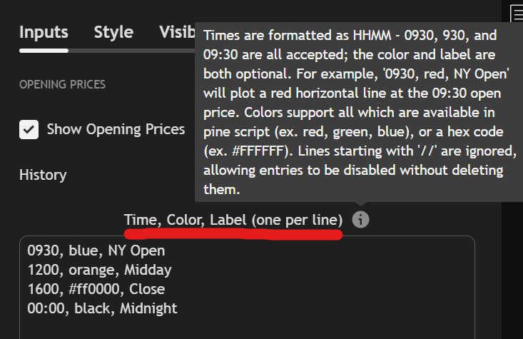 TradeForOpp's tweet photo. ⚠️READ THE TOOLTIPS⚠️ 

The old version had a "True Day Open" anchored at midnight. To get this back as a black line, just type:

00:00, black, True Day Open

I literally labeled it with instructions (Time, Color, Label)

Timestamps are the same, just no label:

00:00, black

I promise every question I've been asked about this update has an answer in its corresponding tooltip