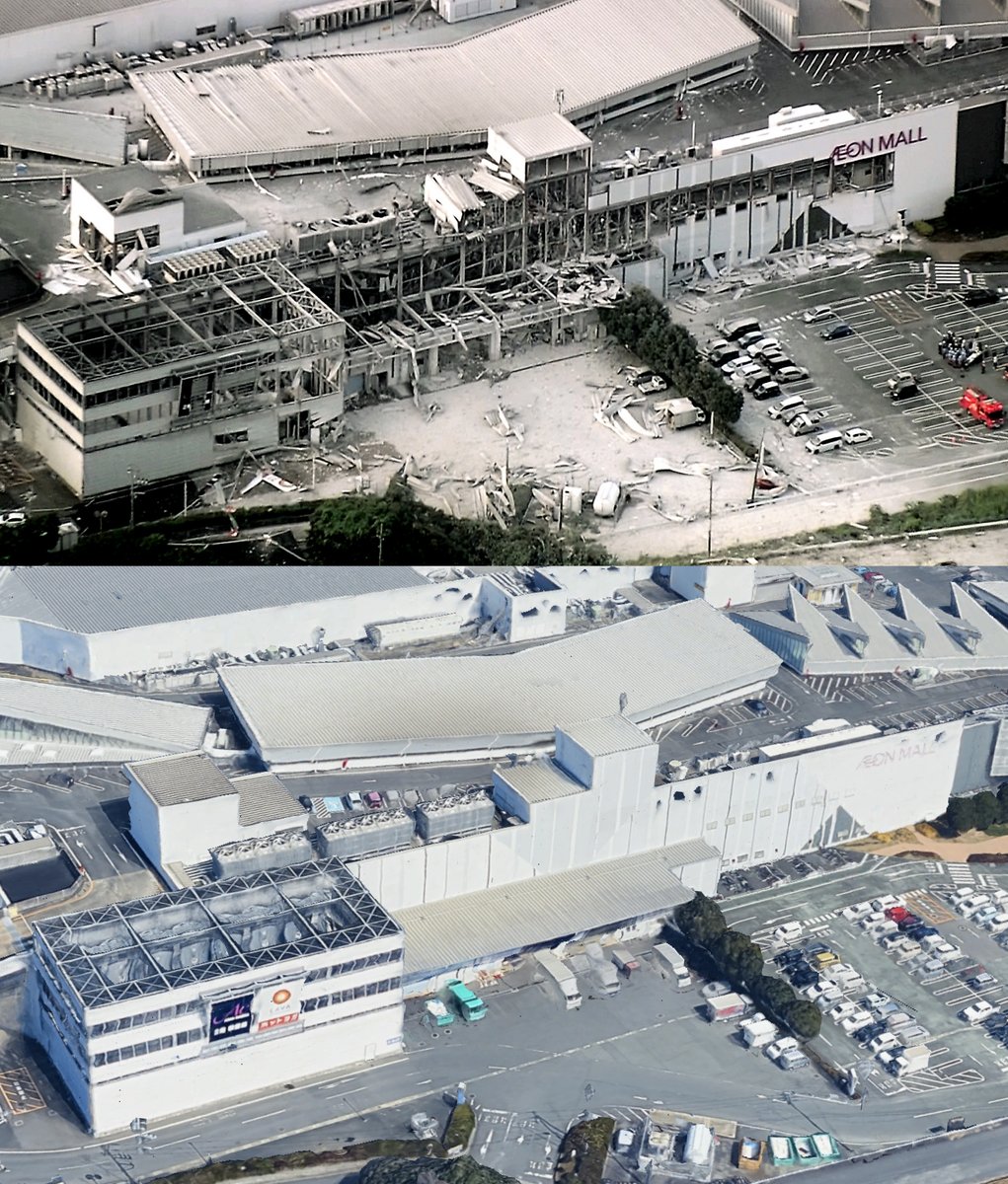 asahicom's tweet photo. 爆発情報のイオンモール熊本、「20～30人が施設内にいる可能性」

爆発があったとされるイオンモール熊本（熊本県嘉島町）の上空写真です。上が地震後（九州朝日放送提供）で、下が地震前（GoogleEarth）の様子となります。

https://t.co/oHcxMRixbS https://t.co/G3lYRMTvF9