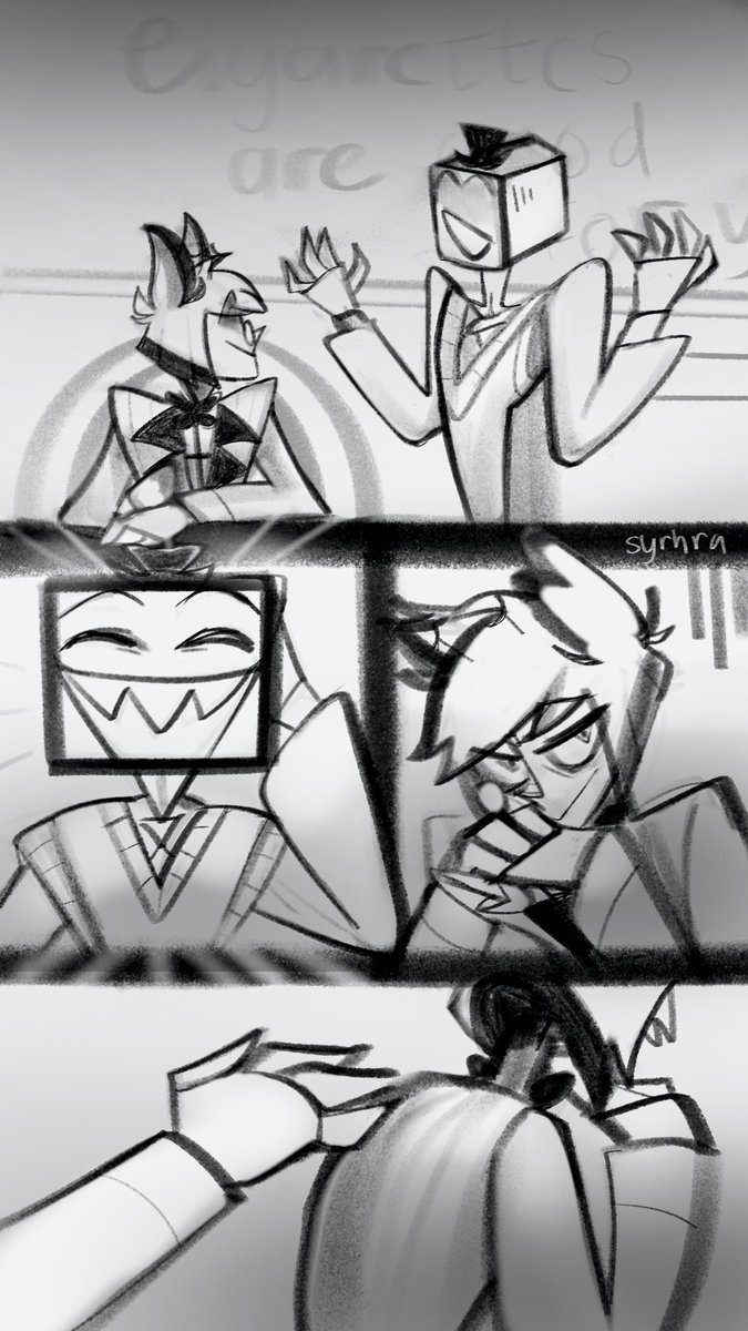 syrhra's tweet photo. what could (should) have been pt 1 #hazbinhotel #alastor #vox #radiostatic https://t.co/XKN6a5MULC