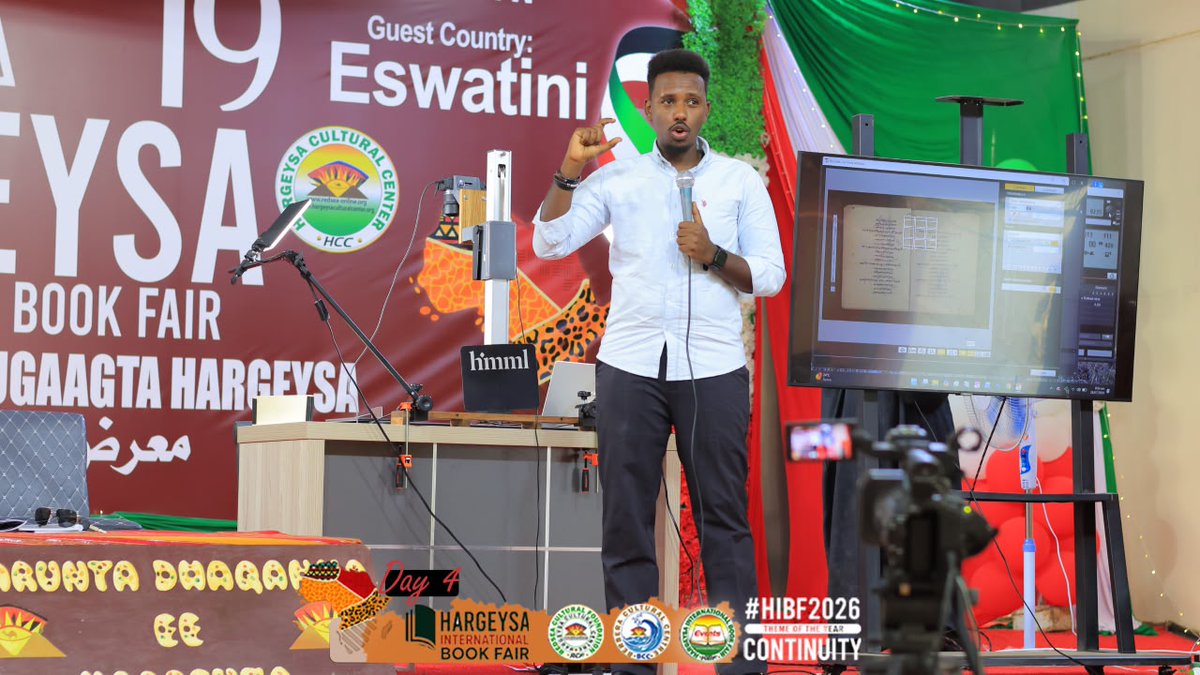HargeysaBF's tweet photo. One of the most interesting sessions: Preserving Memory in the Digital Age - #Manuscripts #Digitalisation #Manuscripts #Digitalisation and more. @hafsaomersh and Hamze, chaired by Abdifatah.
#HIBF2026 #Somaliland #Eswatini #Continuity @JamaMusse https://t.co/CGfd5Grhz7