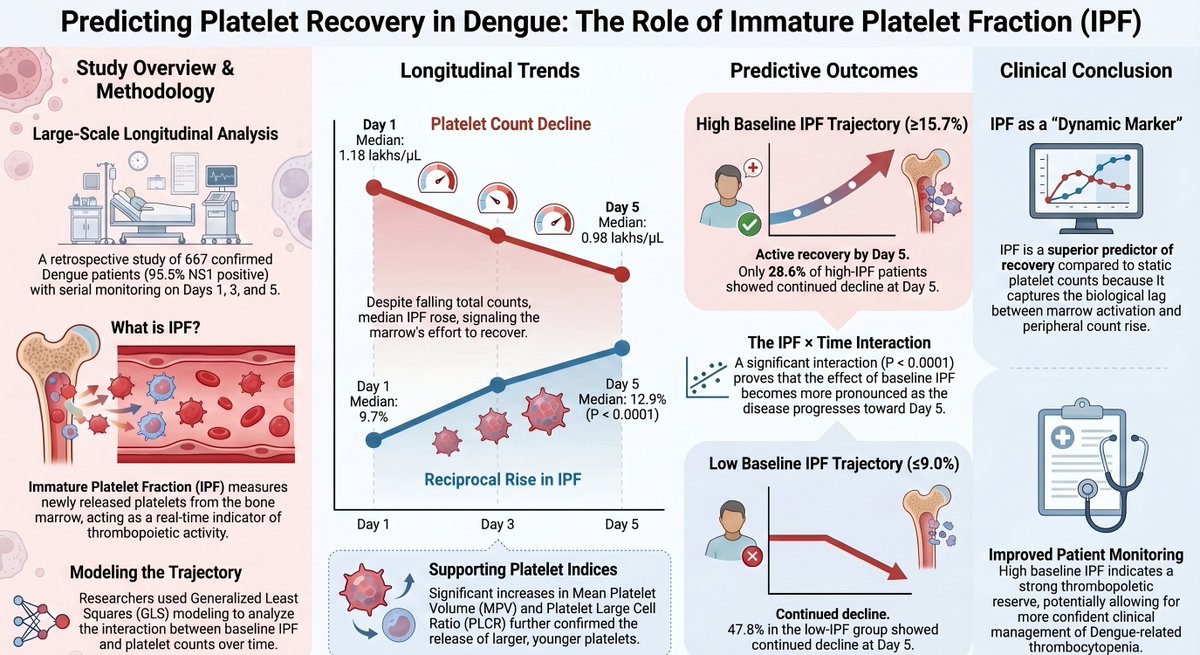 UdayYanamandra's tweet photo. Dengue thrombocytopenia needs better predictors—our new BJHaem study shows IPF is a powerful early marker of platelet regeneration. High IPF = recovery; low IPF = continued decline. Evidence from 667 patients in Western Maharashtra. 🔗 DOI: 10.1111/bjh.70719 #AFMC #Med_edu #MUHS https://t.co/cO3XlEl9cq