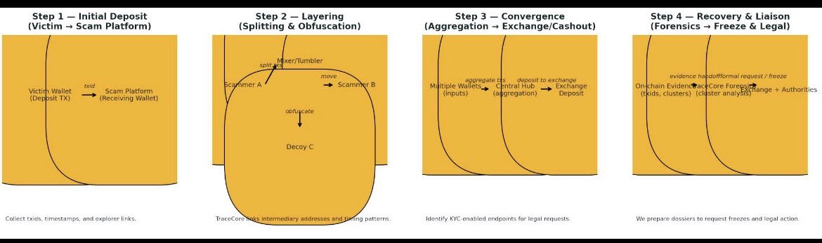 fredrick_jones3's tweet photo. Where your scammed crypto goes:

1. Deposit to fake platform
2⃣. Split + obscured (mixers/peel chains)
3⃣. Aggregated in hubs
4⃣. Cashout on exchanges
That last step is their mistake,  exchanges get frozen with proof. 🔍
Most think it’s gone forever. Often, it’s not.
#CryptoScam https://t.co/zmJ8HhPJdZ