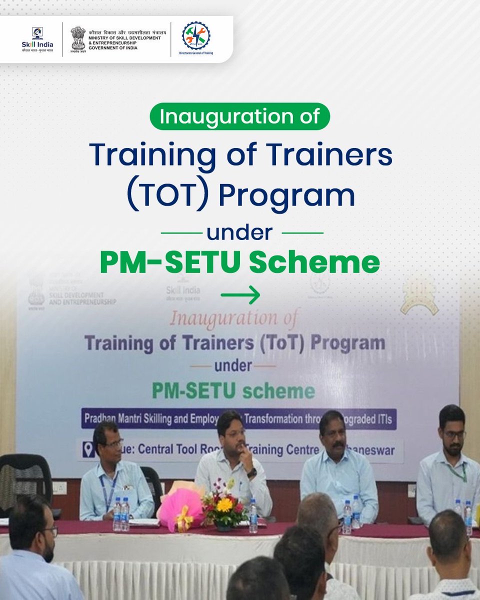 MSDESkillIndia's tweet photo. Strengthening India's vocational training ecosystem, the Training of Trainers Programme under #PMSETU was inaugurated at Central Tool Room & Training Centre (CTTC), Bhubaneswar, empowering trainers with advanced, industry-aligned skills in Advanced Electrician, Advanced CNC Machine Technician, and Basic Hydraulics & Pneumatics. The programme brings together 64 trainers from Odisha, Assam, Tripura, West Bengal & Chhattisgarh, reinforcing capacity building through hands-on learning, standardized training practices and industry-relevant pedagogy.

By enhancing trainer competencies today, we are preparing a future-ready skilled workforce for tomorrow.

#SkillIndia #PMSETU #KaushalBharat #VocationalEducation #FutureReadyWorkforce #ITI #TrainerDevelopment