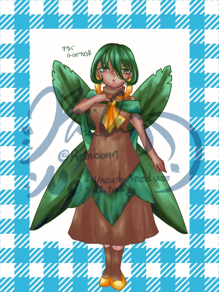Reinbonn's tweet photo. 🪽擬人化、GL🪽　@pkgmousou 
A1の羽こ���アサバ(とろぴ)♀
3人のうちレズビアンの子！
本部の研究員やってます。そしてしれっと新規のツメクサちゃん(氷っぽ)と恋人同士になります！ https://t.co/SfPeqt13zZ