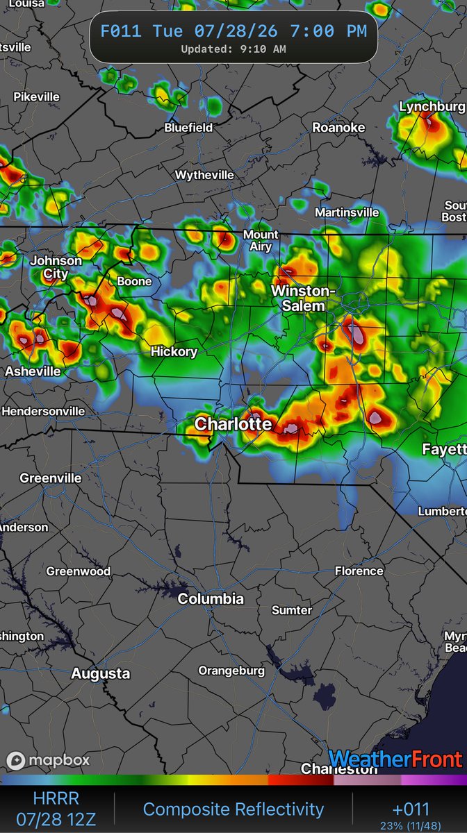 wxbrad's tweet photo. Here’s a look at the futurecast at 3, 5 and 7pm. The look of the future radar shows supercells. These are capable of producing large hail, for damaging winds. Moving from northwest to southeast. Stay Weather Aware. #cltwx #ncwx #scwx #wcnc #wxbrad https://t.co/JEcQSGiJbI