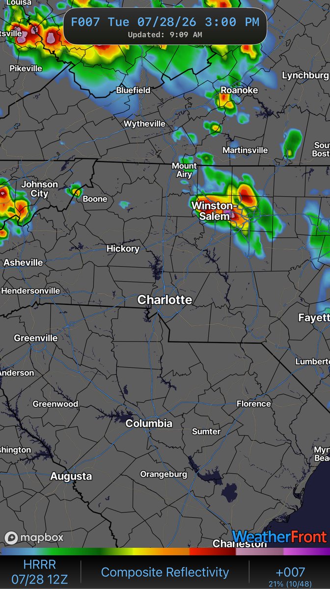 wxbrad's tweet photo. Here’s a look at the futurecast at 3, 5 and 7pm. The look of the future radar shows supercells. These are capable of producing large hail, for damaging winds. Moving from northwest to southeast. Stay Weather Aware. #cltwx #ncwx #scwx #wcnc #wxbrad https://t.co/JEcQSGiJbI