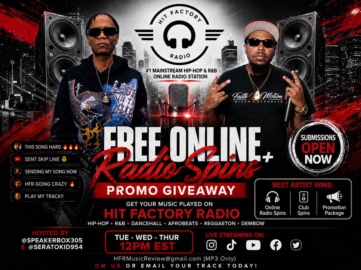 DjFlip305's tweet photo. Send Your Song Now For Your Chance To Win Spins + Promo on HitFactoryRadio954 
( hfrmusicreview@gmail.com ) 
TAG ARTIST NAME + SONG NAME + PRODUCER • MP3 File Only • No Links No Wav Files • Free To Submit One Song Per Artist • Skip Line $10 • Show starts 12pm EST https://t.co/iqCEJ6RlzJ