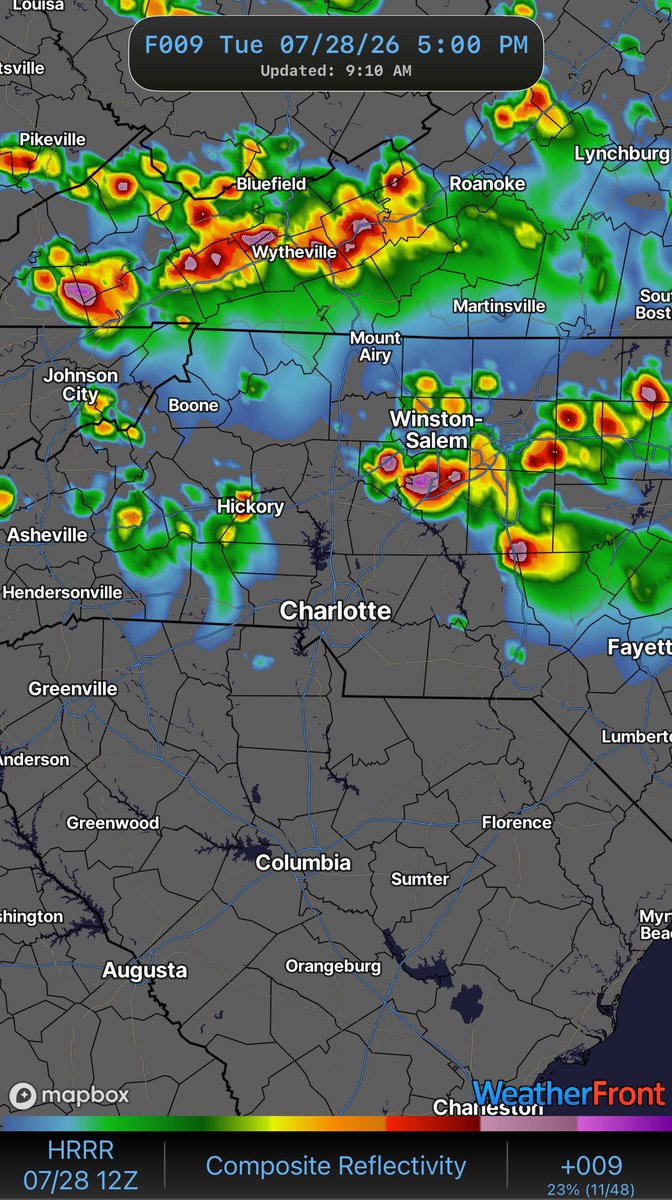 wxbrad's tweet photo. Here’s a look at the futurecast at 3, 5 and 7pm. The look of the future radar shows supercells. These are capable of producing large hail, for damaging winds. Moving from northwest to southeast. Stay Weather Aware. #cltwx #ncwx #scwx #wcnc #wxbrad https://t.co/JEcQSGiJbI