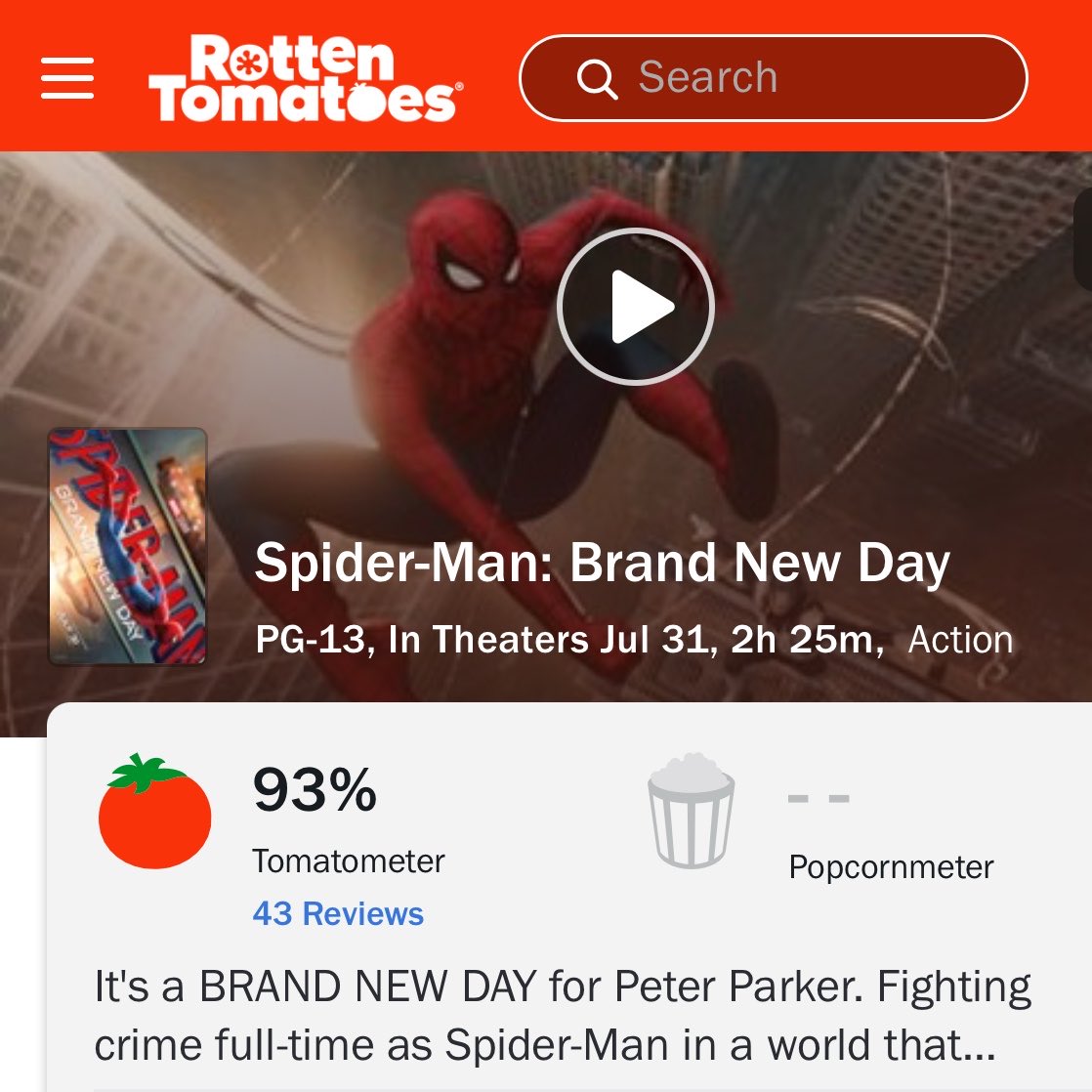 FilmUpdates's tweet photo. ‘SPIDER-MAN: BRAND NEW DAY’ debuts at 93% on Rotten Tomatoes from 43 reviews. https://t.co/UIMmxZvAKd