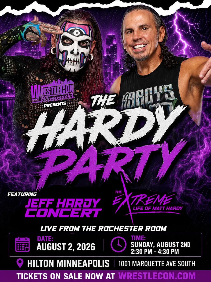 MATTHARDYBRAND's tweet photo. THIS WEEKEND - The GOATs, The Hardy Boyz, are coming to Minneapolis for @wrestlecon on Saturday &amp; Sunday to MEET, GREET and DELETE! We’re also throwing a COLOSSAL Hardy Party on Sunday.

Hardy Party TIX-  https://t.co/D3XdsXvBc2 https://t.co/JW3xThUU2C