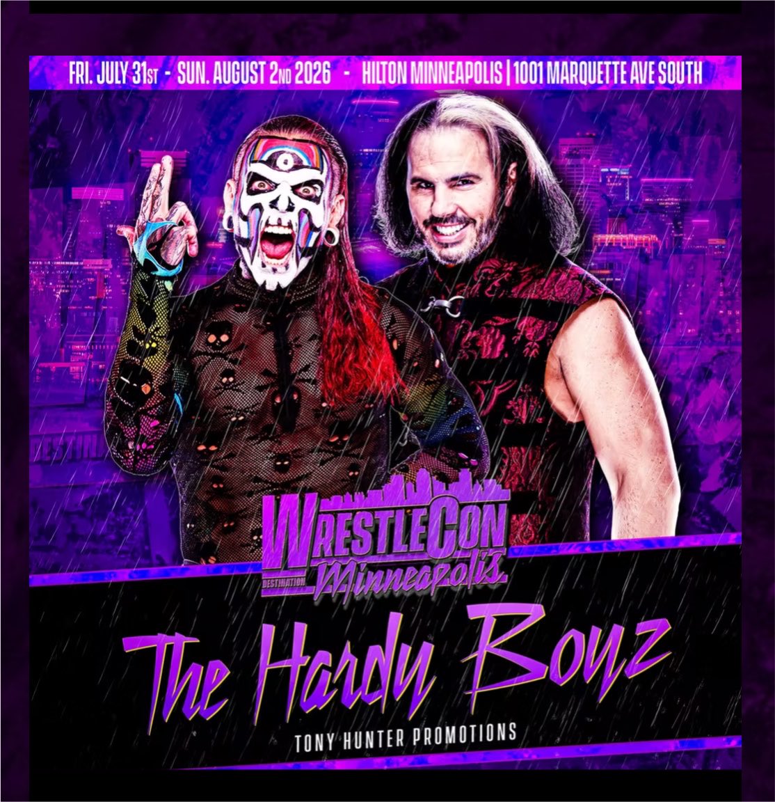 MATTHARDYBRAND's tweet photo. THIS WEEKEND - The GOATs, The Hardy Boyz, are coming to Minneapolis for @wrestlecon on Saturday &amp; Sunday to MEET, GREET and DELETE! We’re also throwing a COLOSSAL Hardy Party on Sunday.

Hardy Party TIX-  https://t.co/D3XdsXvBc2 https://t.co/JW3xThUU2C