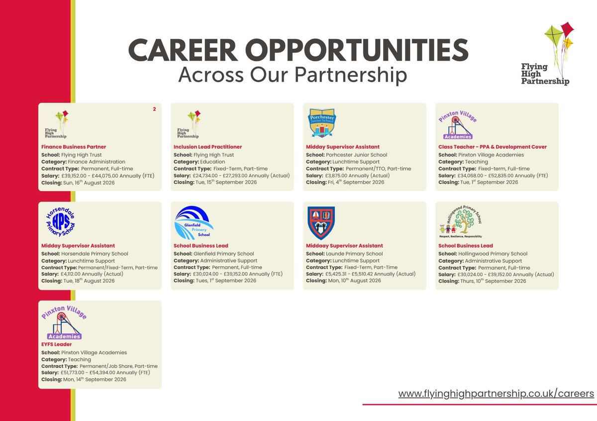 FlyingHighTrust's tweet photo. Looking for a role where you can grow, thrive and make a difference?🌟 

This week's Flying High Trust vacancies are now live.

Join a trust that values collaboration, development and purpose. 👇

#EducationJobs #TrustJobs #CareersInEducation #FlyingHighTrust https://t.co/PCE07nA4Qr