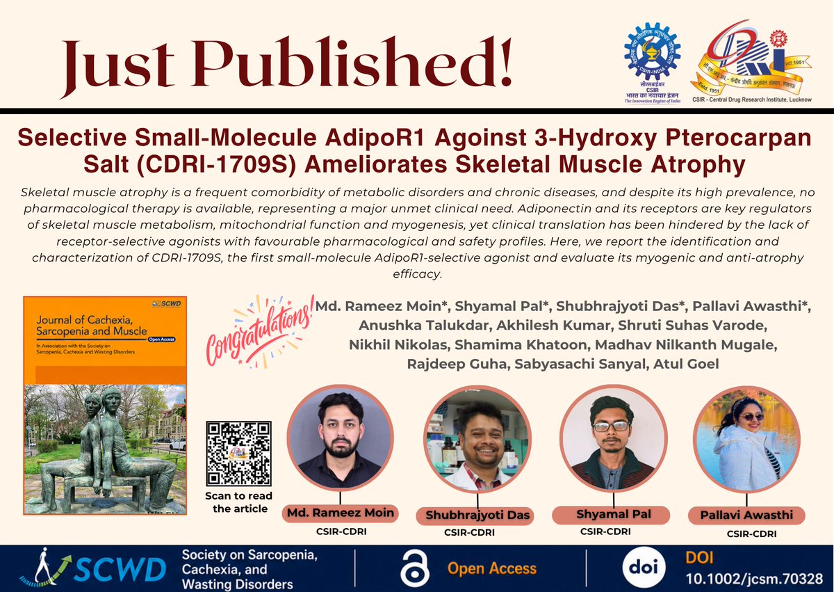 cdriacademy's tweet photo. #JustPublished
New paper from Dr. Sabyasachi Sanyal’s lab @CSIR_CDRI
The team reports CDRI-1709S, the first small-molecule selective AdipoR1 agonist, which promotes muscle regeneration and protects against skeletal muscle atrophy
Read here: https://t.co/kRqgnAJFNe https://t.co/mJQ7WCtZL8