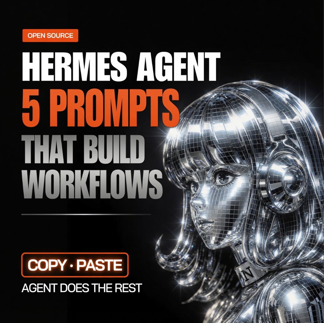 IBuzovskyi's tweet photo. HERMES AGENT HAS 5 PROMPTS
THAT BUILD ENTIRE WORKFLOWS IN ONE MESSAGE.
COPY. PASTE. AGENT DOES THE REST.
EACH ONE TESTED AND WORKING.

PROMPT 1: MORNING BRIEF IN 60 SECONDS

paste this into Hermes:

"create a cron job that runs daily at 7:30am.
check my Google Calendar for today's events.
check my Gmail for unread emails from the last 12 hours.
flag anything urgent.
list my top 3 priorities for the day
based on deadlines and calendar.
deliver to Telegram.
if nothing urgent, keep the brief under 5 lines.
every Friday ask me one question
about how to improve the brief."

the agent creates the cron, connects to your MCPs,
and delivers the first brief tomorrow morning.
every week it gets sharper from your Friday feedback.

PROMPT 2: TOKEN COST AUDIT

paste this:

"run hermes insights.
analyze my token usage for the last 30 days.
find my 3 most expensive skills.
find my 3 most expensive cron jobs.
check if my auxiliary models are set
or defaulting to my main model.
check if tool_search is set to auto.
give me a cost reduction plan
with exact config changes and estimated savings."

the agent reads your own usage data
and tells you exactly where money is wasted.
most users save 30-50% after this audit.

PROMPT 3: CONTENT PIPELINE FROM SCRATCH

paste this:

"create a content-machine profile.
set the model to grok-4.5 for X search
and claude-sonnet-4.6 as auxiliary for writing.
write a SOUL.md that monitors X for AI agent news,
drafts posts in a direct conversational tone,
and never uses em-dashes or corporate language.
create a cron job every 2 hours:
search X for posts about AI agents
with 1,000+ views in the last 2 hours.
if something is worth posting about,
draft a post and send to Telegram
with approve and regenerate buttons.
if nothing passes the filter, stay silent."

one message. full content pipeline.
profile, SOUL.md, model config, cron, approval flow.

PROMPT 4: LEARN YOUR WORKFLOW

do a task manually in Hermes first.
(deploy your app, onboard a client, process invoices,
whatever you repeat monthly.)

when the task is done, paste:

"/learn

turn what we walked through into a permanent skill.
name it [your-task-name].
include every step, every tool used,
every flag and parameter.
add a verification step at the end
so I can confirm it worked.
add common pitfalls to avoid."

next time: "run [your-task-name]"
the agent follows the exact procedure.
no re-explaining. no missed steps.

PROMPT 5: ZERO-COST SERVER MONITORING

paste this:

"create a cron job every 5 minutes
in no_agent mode.
script checks: HTTP 200 on https://[YOUR-SITE],
disk usage under 85%, RAM usage under 90%.
if all checks pass, stay silent.
if any check fails, wake the agent
and send an alert to Telegram
with the failure details and a suggested fix.
name it server-watchdog."

288 health checks per day. zero tokens.
the agent only wakes when something breaks.
when it does wake, it diagnoses and suggests a fix.

WHY THESE 5:

prompt 1 organizes your mornings.
prompt 2 cuts your costs.
prompt 3 builds your content presence.
prompt 4 makes your agent learn from you.
prompt 5 keeps your servers alive for $0.

paste one today. the agent builds the workflow.
paste all five and your Hermes does more
by the end of the week than most agents
do in a month.

comment HERMES and I'll send you
5 more advanced prompts for profiles,
kanban orchestration, and MoA presets.
