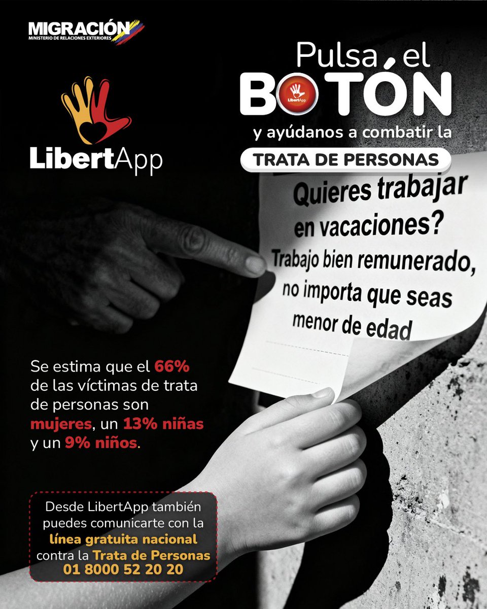 MigracionCol's tweet photo. #PulsaElBotón | Aunque mujeres, niñas y niños son los objetivos principales de la #TrataDePersonas cualquiera puede ser víctima de este flagelo
Descarga #LibertApp y ayúdanos a combatirlo👇🏼
iOS📲 https://t.co/Asm4Rw3zpe
Android 📲 https://t.co/7OMF6i1v3X
#SemanaContraLaTrata https://t.co/aa3xuC9JIJ