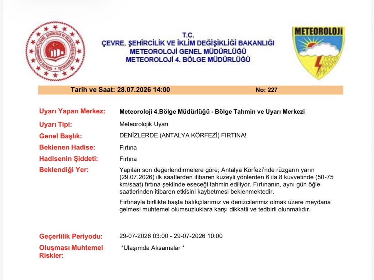 Meteoroloji4's tweet photo. ⚠️⚠️METEOROLOJİK UYARI
DENİZLERDE (ANTALYA KÖRFEZİ) FIRTINA BEKLENİYOR! ⚠️⚠️ https://t.co/BwXEMtf1Nv
