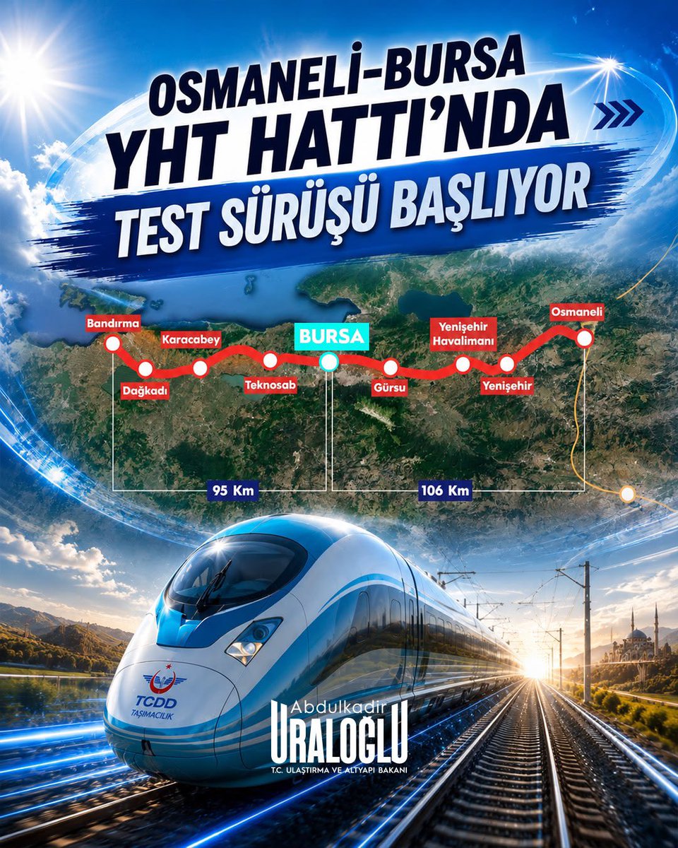 a_uraloglu's tweet photo. Bursa'yı yüksek hızlı trenle buluşturacak projemizde bir eşiği daha geride bırakıyoruz. 🚄

Osmaneli–Bursa Hattımızda test sürüşlerine geçiyor, Bursa–Ankara ve Bursa–İstanbul arasını 2 saat 15 dakikaya indirecek hedefimize bir adım daha yaklaşıyoruz. ⚙️

Her aşamayı aynı titizlikle tamamlıyor, Bursa'yı yüksek hızlı demir yolu ağıyla buluşturmak için çalışmalarımızı hız kesmeden sürdürüyoruz. ✨

#TürkiyeHızlanıyor 🇹🇷