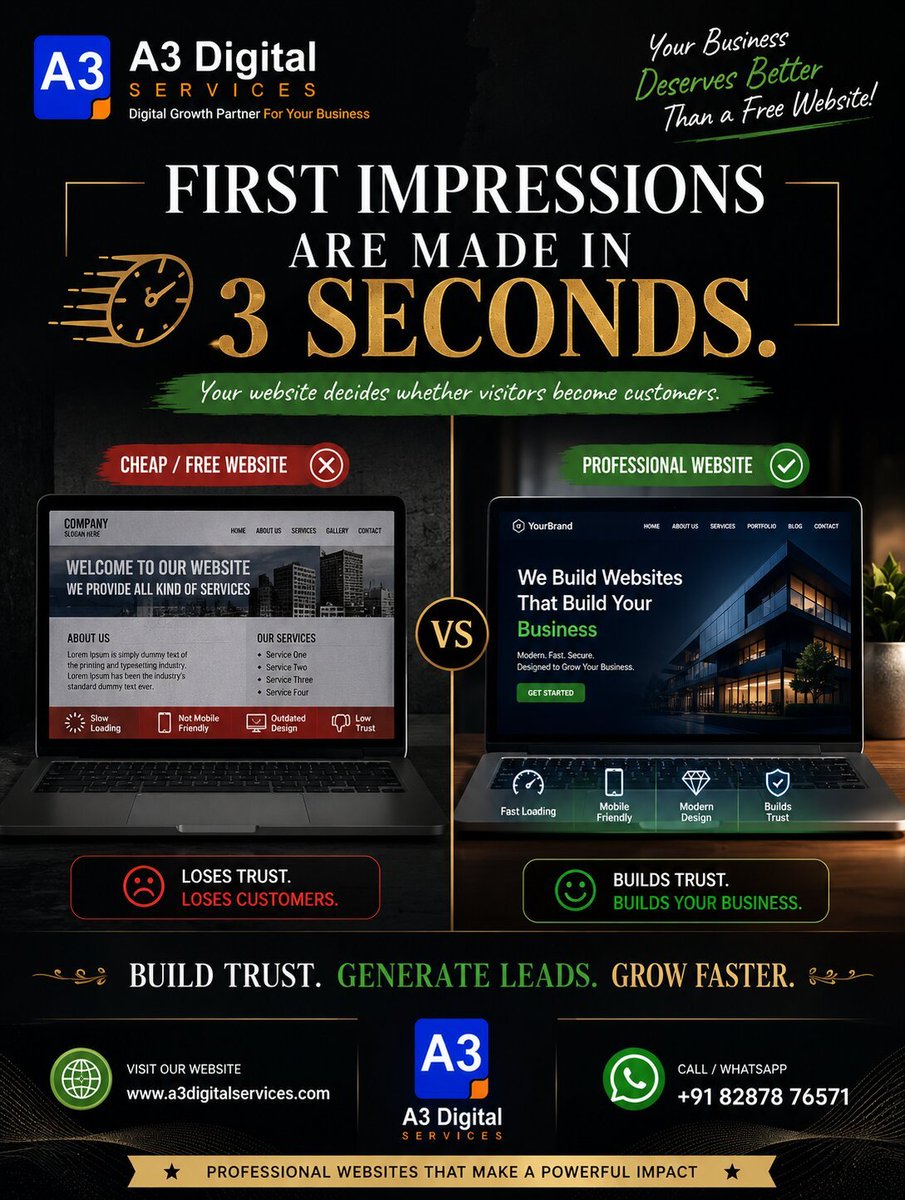 A3Digital_India's tweet photo. Your website is often your first salesperson.
A slow, outdated website loses trust.
A professional website builds credibility, generates leads, and grows your business.
Don't settle for "good enough."
#WebsiteDesign #SEO #WordPress #BusinessGrowth #DigitalMarketing https://t.co/mqyy23yBa9