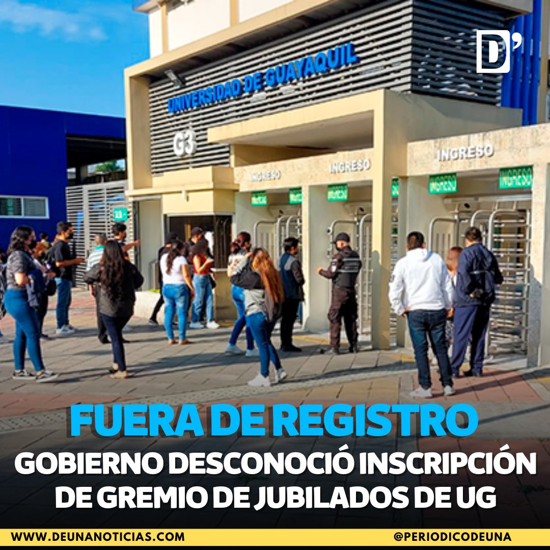 periodicodeuna's tweet photo. El Ministerio de Gobierno, a través del Registro Público Unificado de Información de Organizaciones Sociales, dejó sin efecto el registro oficial de la Asociación de Profesores Jubilados de la Universidad de Guayaquil. La decisión se conoció mediante documentación emitida por la institución.

En un oficio suscrito por la Secretaría General, la Universidad de Guayaquil informó que, tras una verificación interna, determinó que dicho gremio no consta en sus registros institucionales. Por ello, aclaró que cualquier persona u organización que se atribuya esa representación no tiene reconocimiento oficial.

También se precisó que las actuaciones o pronunciamientos realizados por ese grupo no representan la posición de la institución. Además, advirtió que se reserva el derecho de emprender las acciones legales correspondientes por el uso indebido de su nombre o de su imagen institucional.