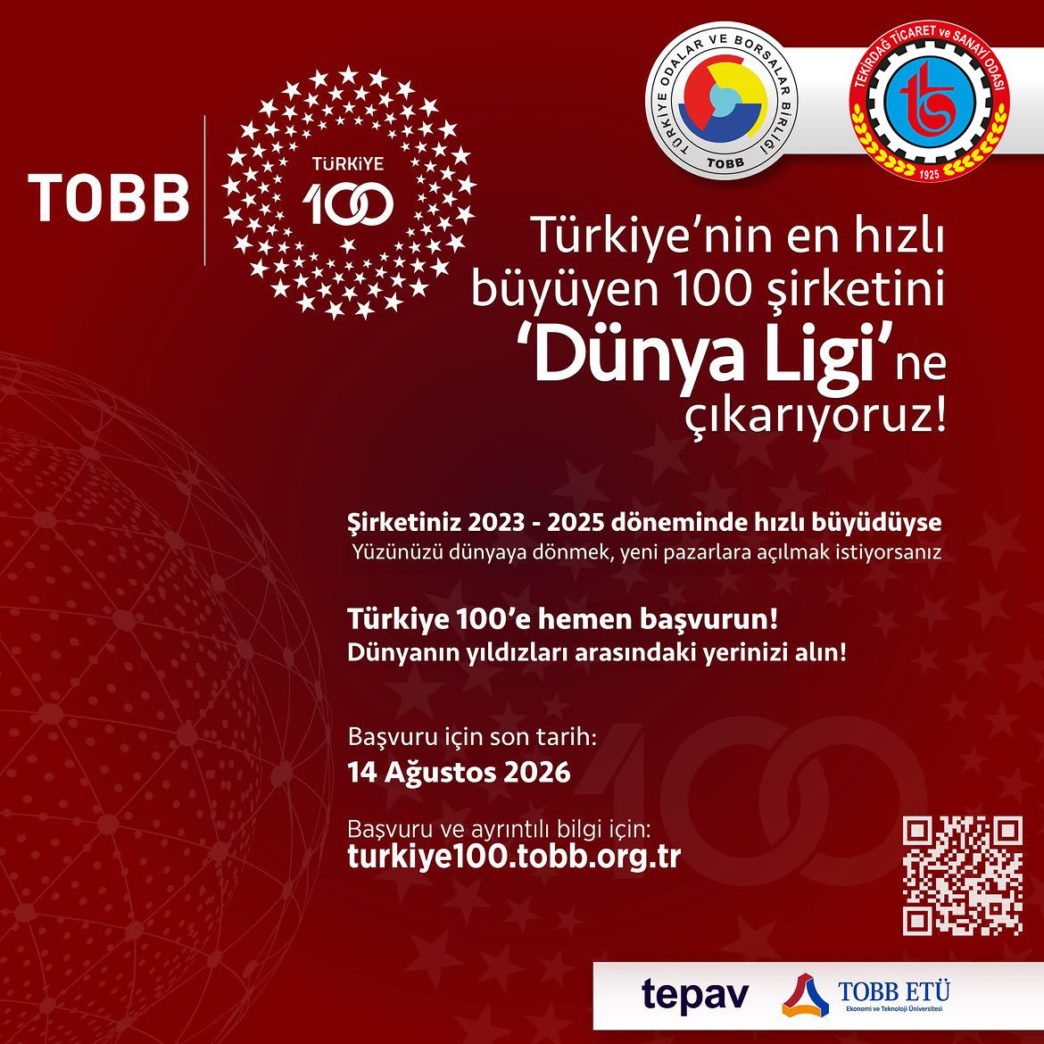 tekirdagtso's tweet photo. Şirketiniz 2023-2025 döneminde hızlı büyüdüyse, yüzünüzü dünyaya dönmek ve yeni pazarlara açılmak istiyorsanız, Türkiye 100'e hemen başvurun; dünyanın yıldızları arasındaki yerinizi alın!

Başvuru için son tarih: 14 Ağustos 2026 Başvuru ve detaylar: 👇
https://t.co/M3JtzqHJP1 https://t.co/6C10ypj6ki