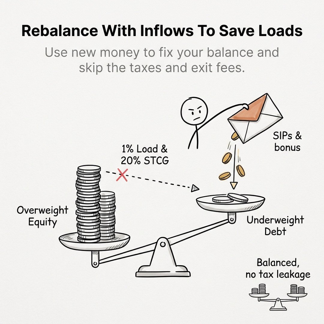 Sigfyn_Official's tweet photo. Sigfyn Financial Services Pvt. Ltd. | ARN: 254976
Don't pay 20% tax to rebalance. Direct fresh SIPs to underweight assets instead of selling winners to avoid exit loads and tax leakage.
#Investing #Tax #Rebalance #Sigfyn #Equity #Debt
Educational info, not advice. https://t.co/SbSp8y7JYS