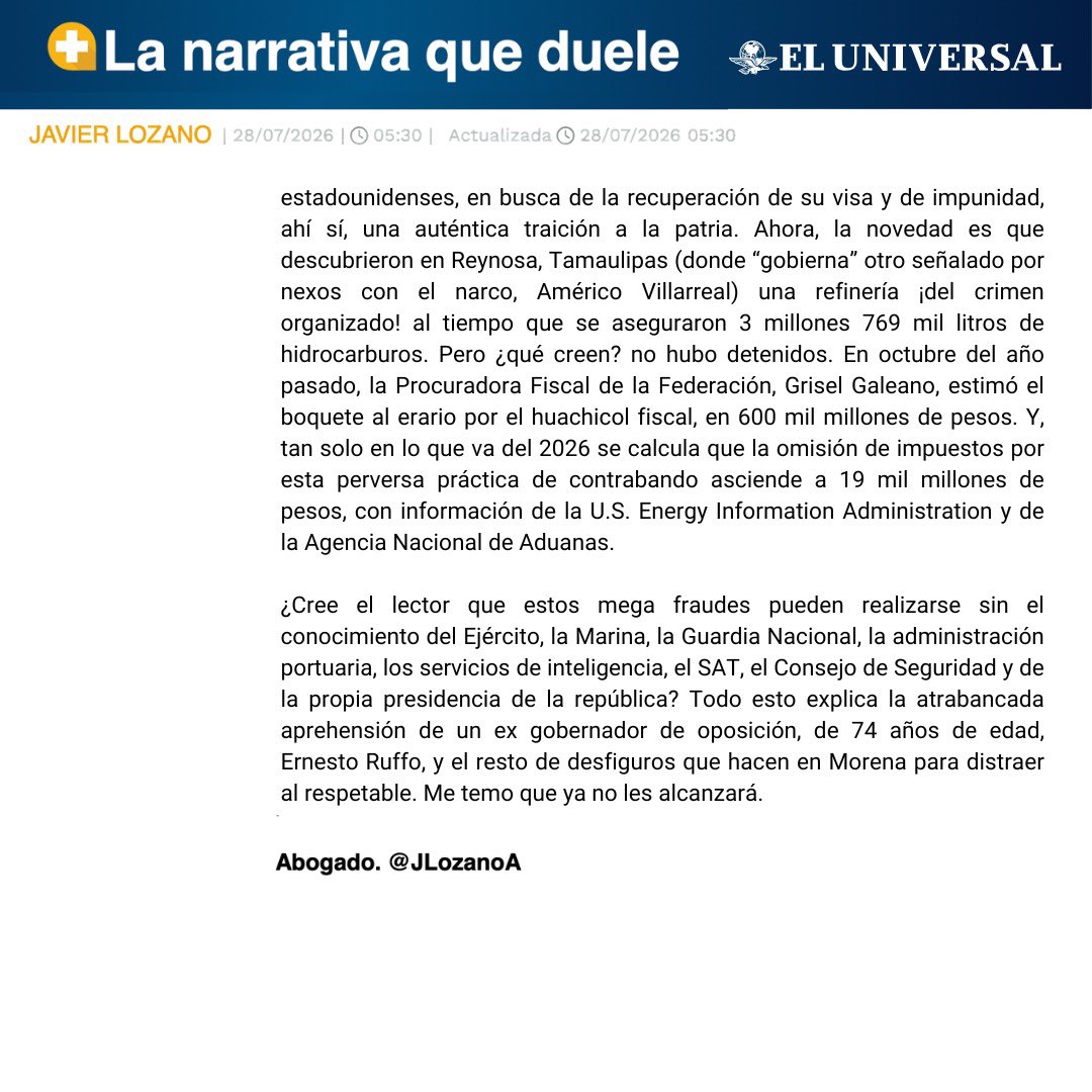 JLozanoA's tweet photo. ⚠️Pues @RicardoMonrealA ya marcó la ruta. La verdad y la realidad les alcanzó. Les duele. Ser narcopolíticos llegó para quedarse. Por eso tantos desfiguros y distractores. Es el principio del fin. 

Mi artículo en @El_Universal_Mx 

#SomosResistencia https://t.co/ZWR2KJlS71