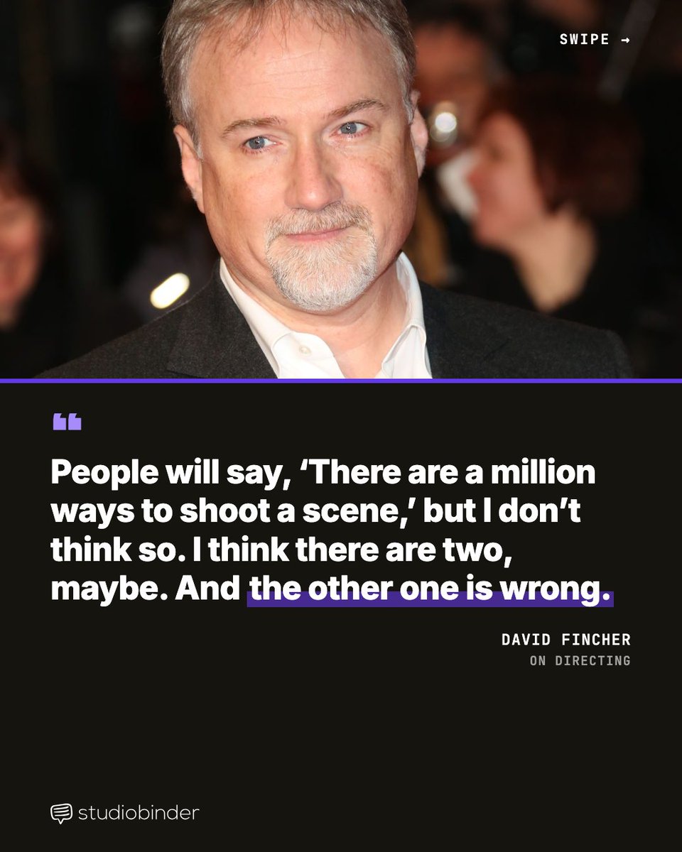 studiobinder's tweet photo. David Fincher on directing:

"People will say, 'There are a million ways to shoot a scene,' but I don't think so. I think there are two, maybe. And the other one is wrong."

Se7en, Zodiac, The Social Network — locked to the frame. #DavidFincher #Filmmaking https://t.co/nZ0eIKhqey