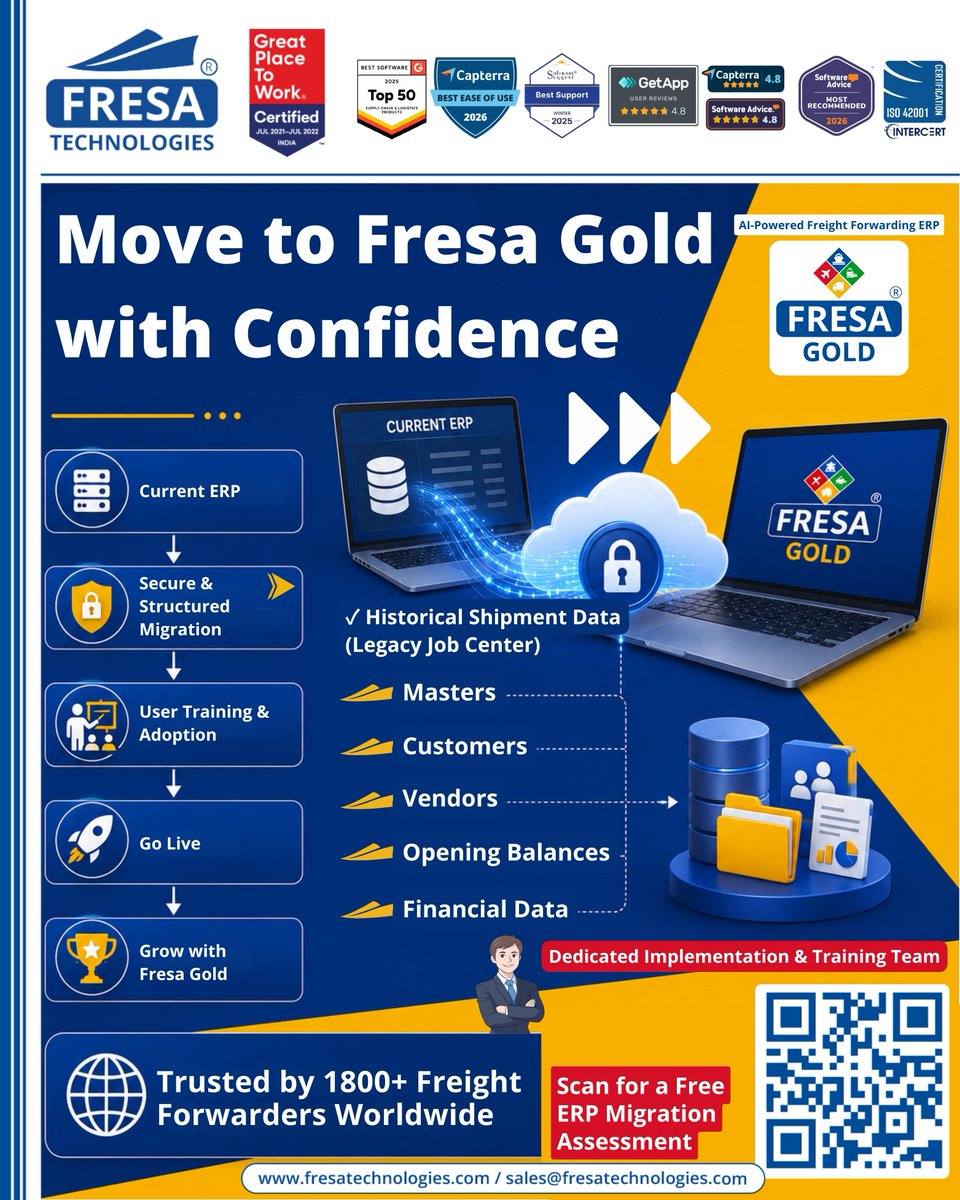 fresatechnology's tweet photo. 🚀 Move to Fresa Gold with Confidence
📲 Book Your Free ERP Migration Assessment: https://t.co/Dp164oiTXq
🌐 https://t.co/8WOUuy7NZM
#FresaGold #ERPmigration #FreightERP #LogisticsSoftware #FreightForwarding #LegacyJobCenter #CustomerPortal #AIPowered #WorkflowAutomation https://t.co/tTcLC7ixwS