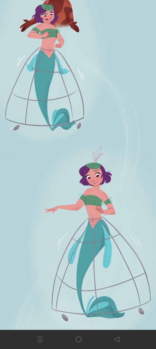 WheelchairFishy's tweet photo. When on land, mermaids aren't exactly crippled, it's just that their lower halfs where made for water instead 

In that case, wheelchairs might be too limiting for them,and instead something that uses their tail energy for locomotion could be a smarter design,like a crinoline! https://t.co/0g7tSXbKQm