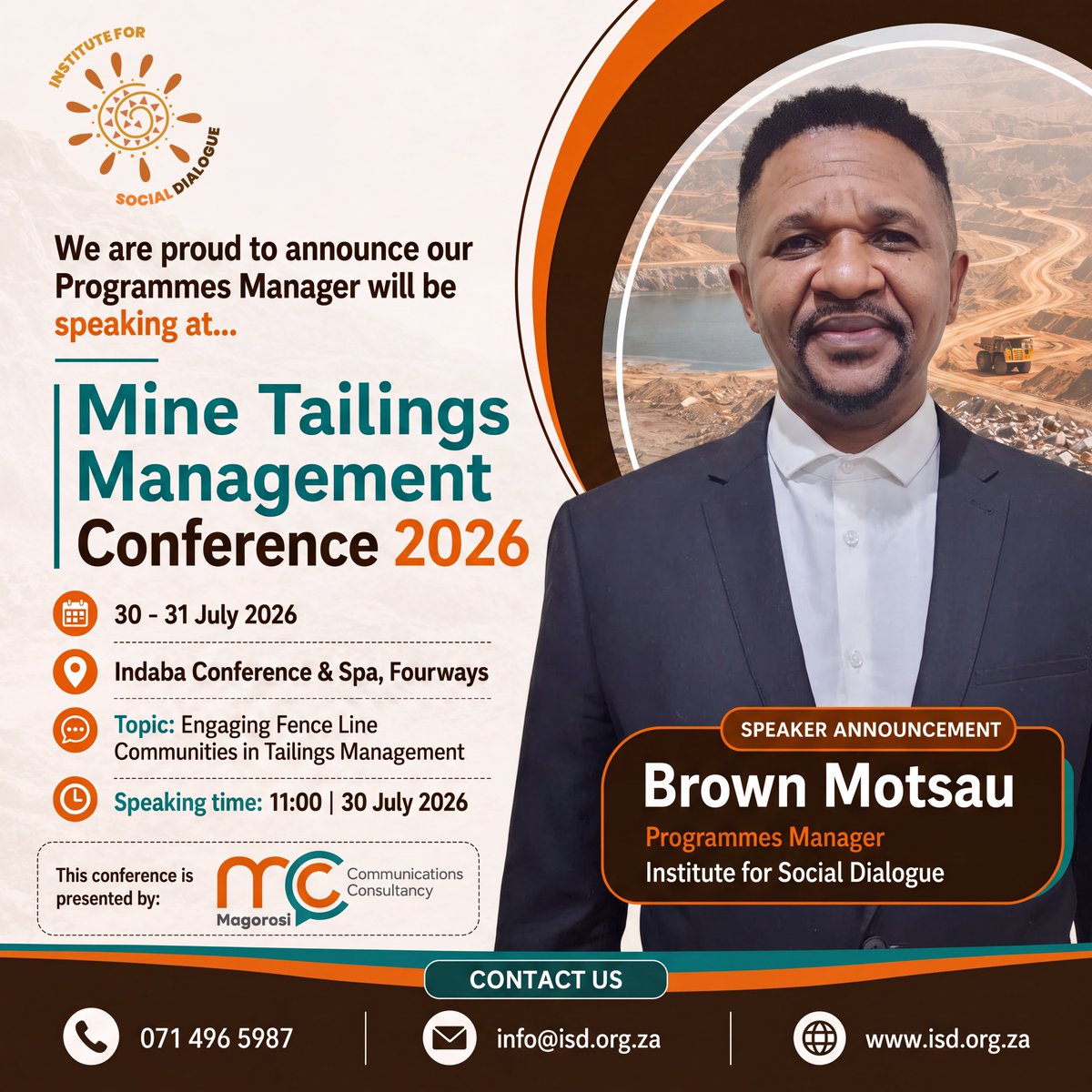 ISD_RSA's tweet photo. Brown will present on Engaging Fence Line Communities in Tailings Management, exploring the importance of meaningful community participation and practical approaches to stronger engagement. https://t.co/o2ilZZetb6