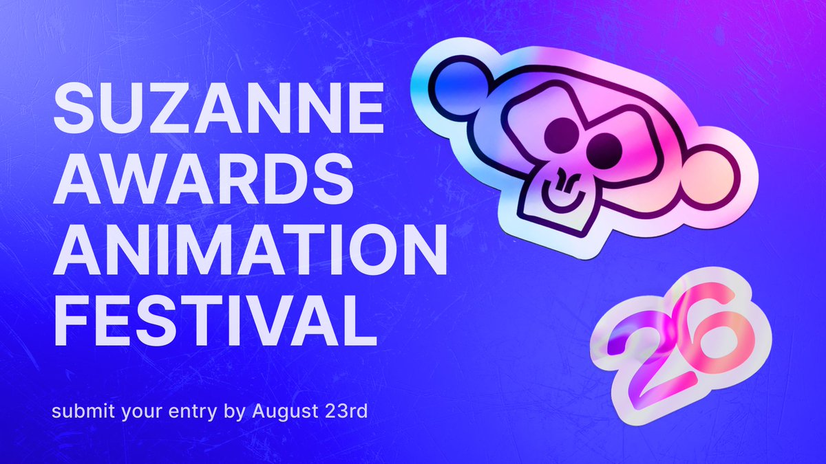 BlenderConf's tweet photo. The Suzanne Awards Animation Festival 2026 call for content is open! Check the guidelines and submit your best Blender work by August 23rd.

More info: https://t.co/mYmSaffGa2 

#b3d #BCON26 https://t.co/JNRzRYHlgn