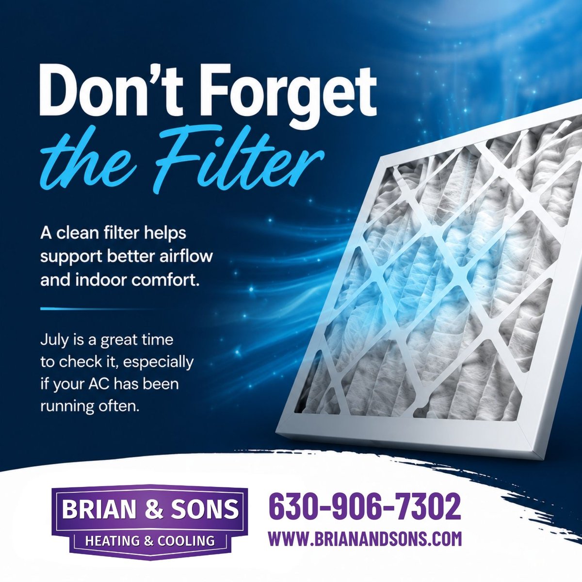 HVAC_BrianSons's tweet photo. A clogged air filter can restrict airflow and make your cooling system work harder. Check your filter regularly during the summer and replace it when needed to support cleaner air and dependable comfort.

#AirFilter #HVACMaintenance #IndoorAirQuality #SummerTips https://t.co/0OTXO6T0kE