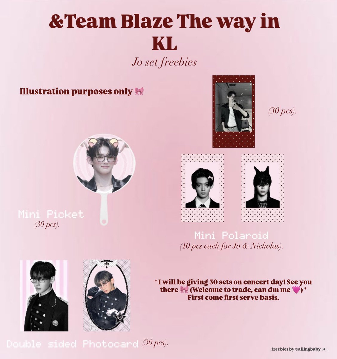 Ailingbaby_'s tweet photo. Hiii Malaysia Luné~~ 🩷

I’ve made some freebies for Blaze The Way in KL! 🎀 (JO ver. Freebies)

✨ Mini pickets
✨ Double-sided PCs
✨ Mini Polaroids 

#BLAZETHEWAY_KUALALUMPUR #andteaminKL #MYLUNÉ #BlazeTheWayinKL #pasarandteam  #andTEAM #앤팀 #エンティーム #LUNÉ https://t.co/CLaZQkgf3v