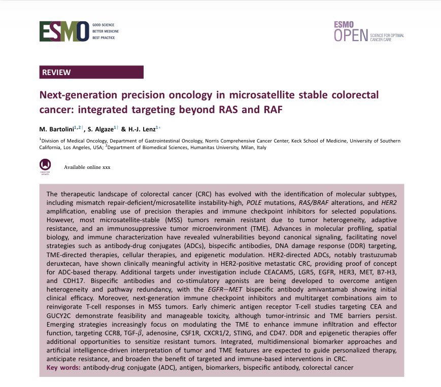 DraMartinezLago's tweet photo. 🧬 MSS colorectal cancer

🎯 Precision oncology beyond RAS/RAF

💊 ADCs &amp; bispecifics
🛡️ TME-targeted strategies
🧬 CAR-T and DDR approaches
🤖 Spatial profiling + AI

🔗 https://t.co/fXwR8KZ6en

@OncoAlert https://t.co/Ztf1RRHYcO