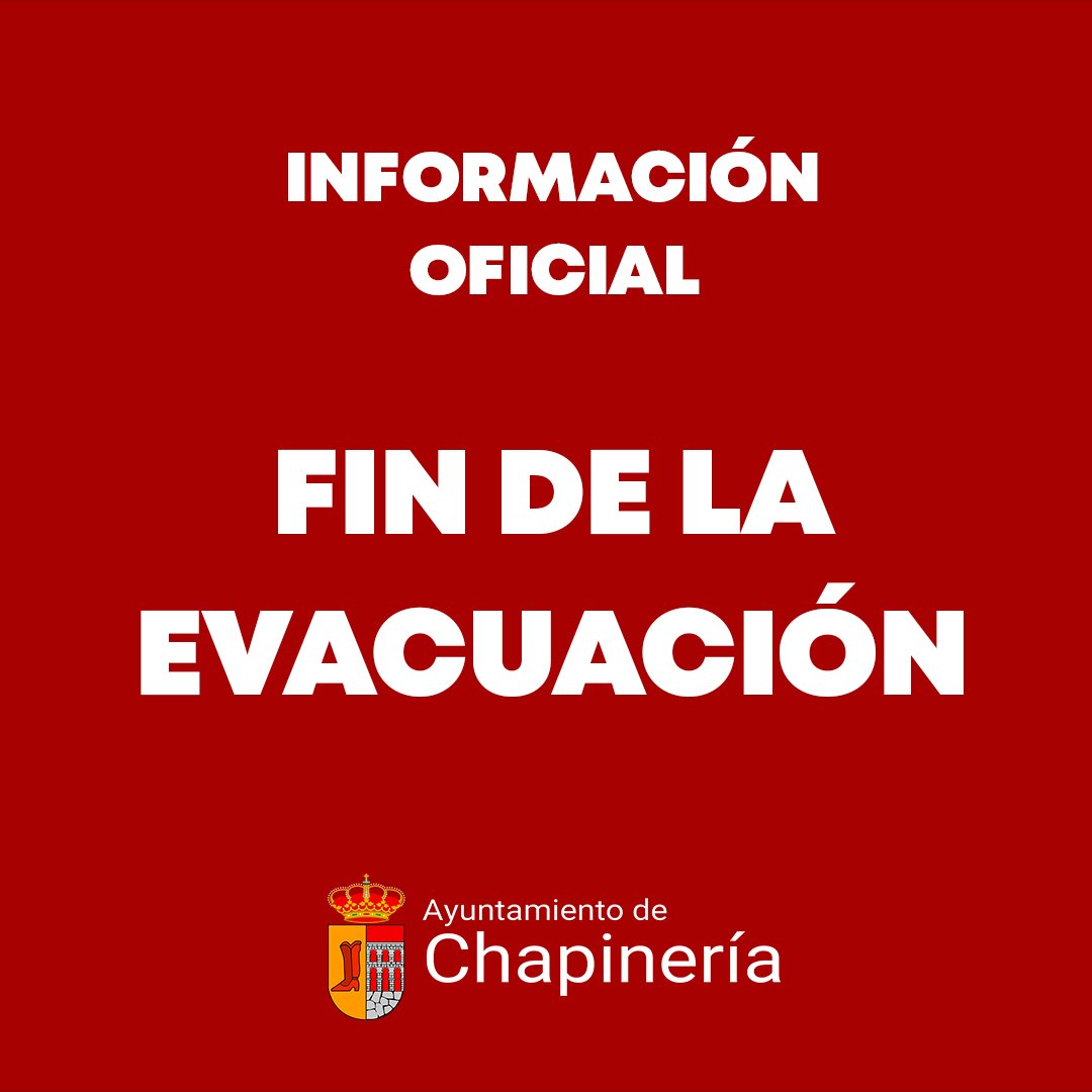 AytoChapineria's tweet photo. 🚨 INFORMACIÓN OFICIAL

A partir de las 17:00 horas finaliza la evacuación de Chapinería y de los municipios de Cadalso de los Vidrios, Cenicientos, Navalagamella, Navas del Rey, Rozas de Puerto Real, Aldea del Fresno y Colmenar del Arroyo.

Rogamos realizar el regreso con calma https://t.co/xJrZkTizKR