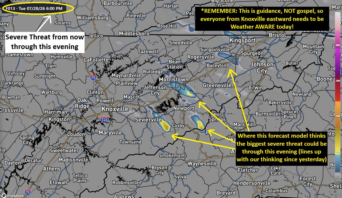 lucky13wxman's tweet photo. TUESDAY am 7/28/26
⚠️We remain #WeatherAWARE today as a few rounds of storms are possible
*WHAT: Some #storms that could bring strong winds and/or an isolated #torndao
*WHEN: Now through this EVE (greater threat AFT/early EVE?)
*WHERE: Most likely area from Knoxville eastward https://t.co/04cIsfEo9z