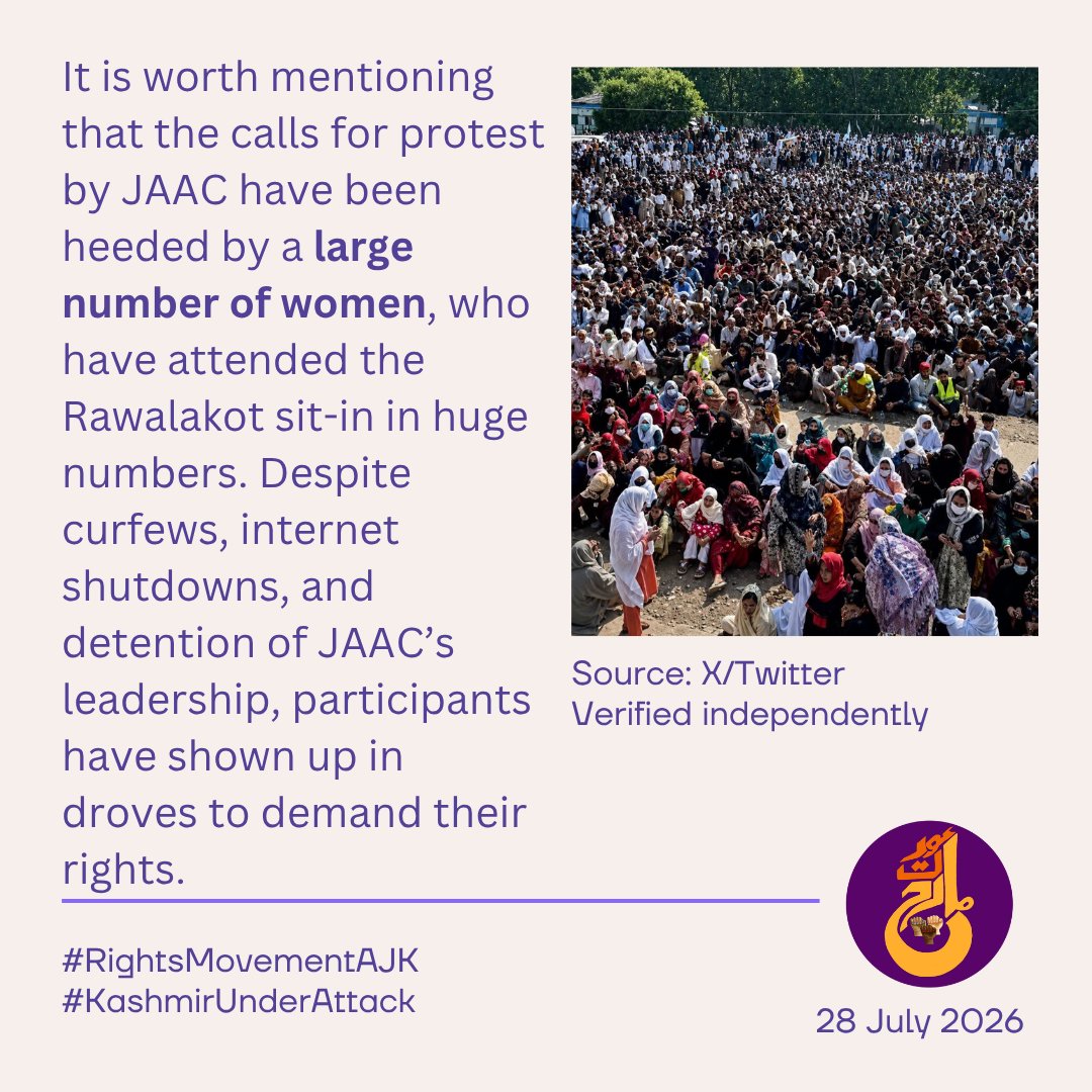 AuratMarch's tweet photo. Aurat March Lahore stands in solidarity with the people of Kashmir and the participants of the sit-in in Rawalakot, who have been advocating for their rights. https://t.co/CwdcFjNXGW