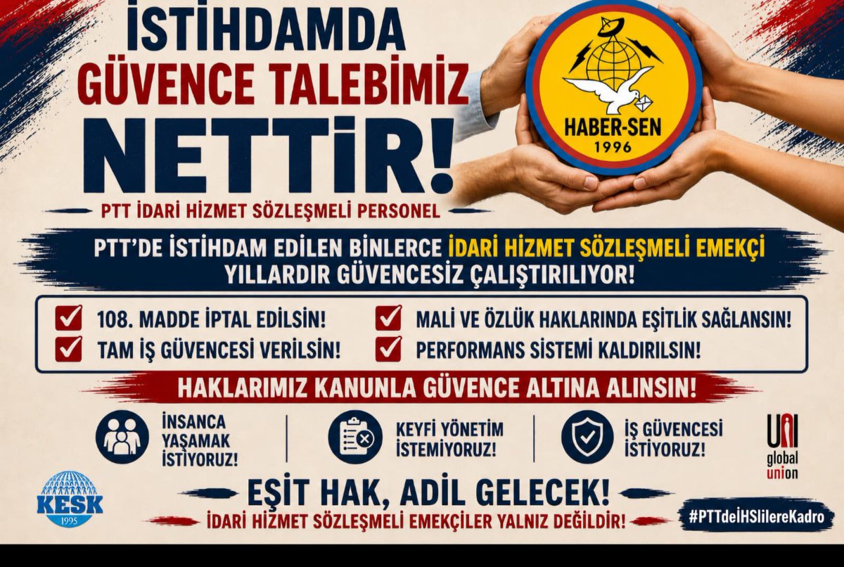 KESKHaberSen's tweet photo. PTT’de binlerce İHS personeli yıllardır güvencesiz çalışıyor! 
✅ 108. madde iptal edilsin  
✅ Tam iş güvencesi verilsin  
✅ Mali ve özlük haklarında eşitlik sağlansın  
✅ Performans sistemi kaldırılsın   
Haklarımız kanunla güvence altına alınsın! 
#PTTihslilereKadro https://t.co/3NRRjAcQWI