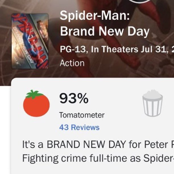 Kulturlesite_'s tweet photo. 🚨🕸️ WOW 

Le film « SPIDER-MAN : BRAND NEW DAY » démarre avec le score de 93% sur ROTTEN TOMATOES !! 

C’est la meilleure note pour un film Spider-Man a égalité avec « Spider-Man 2 » &amp; « No Way Home ». https://t.co/dcC4JWBh1v
