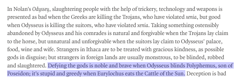 roxana_hadadi's tweet photo. my final take on emily wilson: the stinger on polyphemus's blinding is eurylochus's disgust at odysseus attacking a creature from whom they'd escaped; hence, "mercy." but I guess if you were intent on seeing that character as a "Black best friend" of no value, you'd miss that https://t.co/ch9A41u8qJ