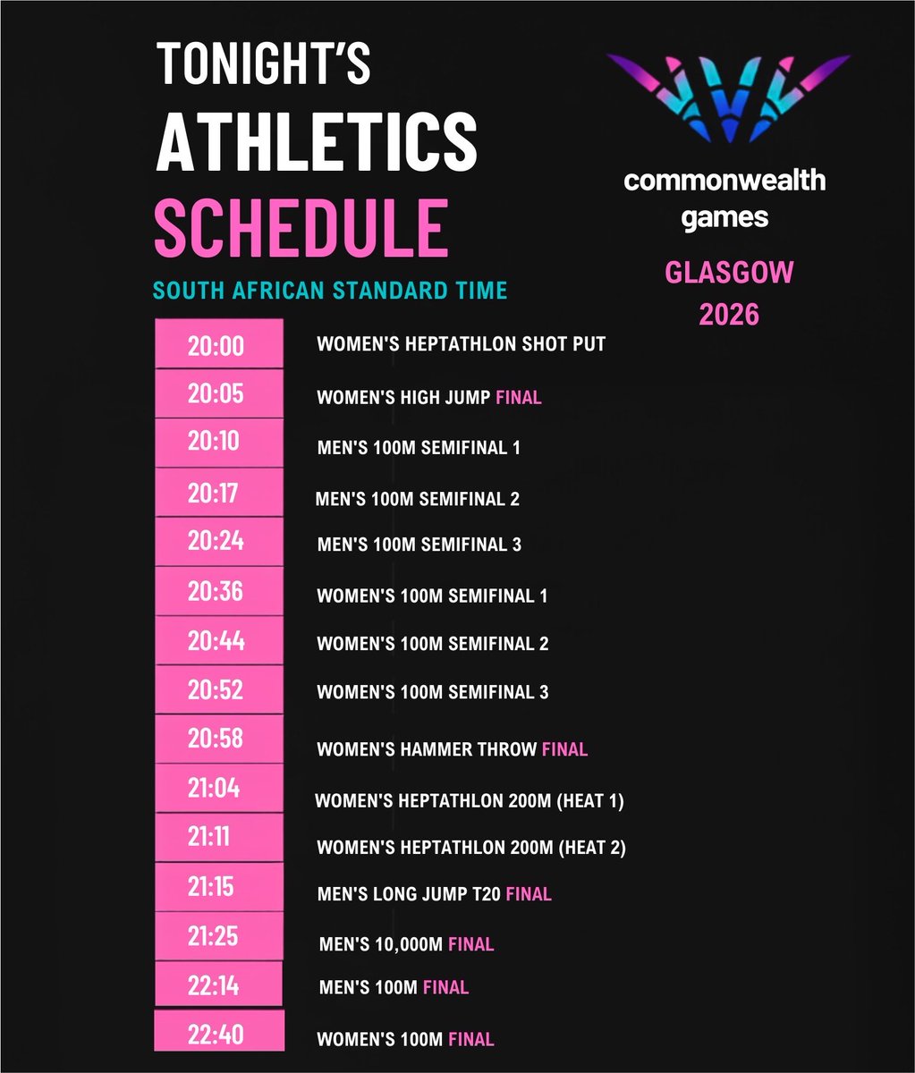 LitSego's tweet photo. Made a quick schedule for tonight’s athletics
 and it’s a big one. Times subject to change but these are the approximate start times. If you can, please watch our athletes. 🫵🏽🇿🇦 https://t.co/zUZ6g9gZWp
