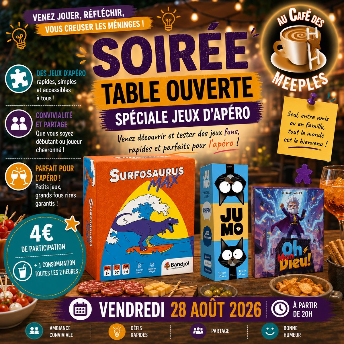 cafe_meeples_84's tweet photo. 🍻 Table Ouverte – Jeux d'Apéro !

Le 28 août dès 20h, venez partager une soirée placée sous le signe de la bonne humeur !

🎲 Jeux rapides
😂 Fous rires garantis
👤 Venez seul(e) ou 👥 en binôme !
💶 4 € + ☕ 1 consommation toutes les 2h

#JeuxDeSociete #JeuxDApero #Avignon https://t.co/rxUsyKwOC4