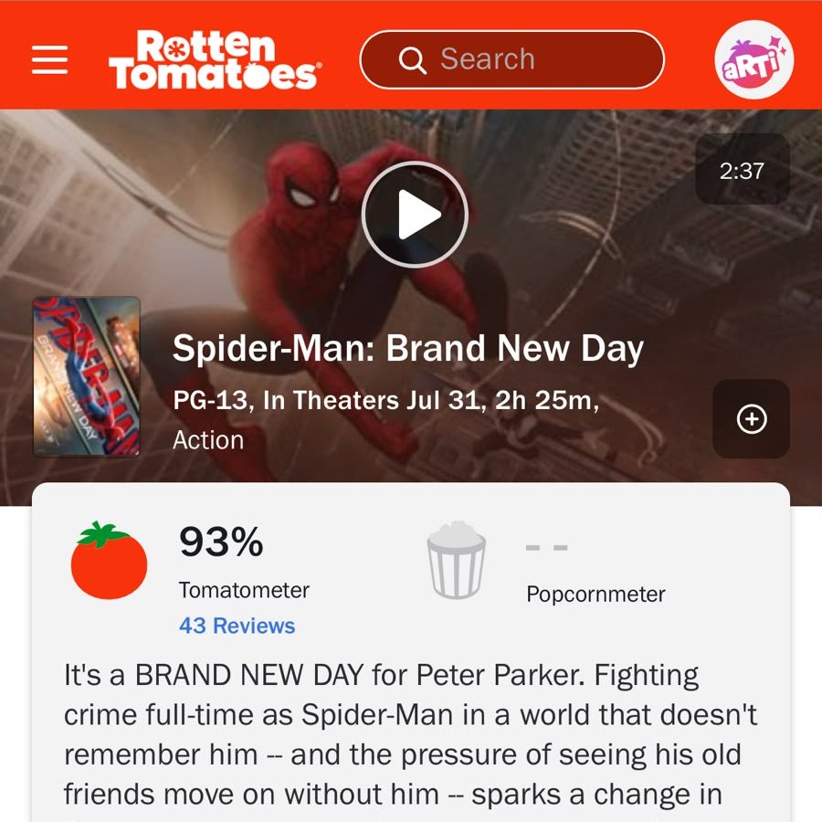 tracklist's tweet photo. 🚨 VAI EMOCIONAR! “Homem-Aranha: Um Novo Dia”, estreou com 93% de aprovação da crítica no Rotten Tomatoes (43 avaliações). 🍅 https://t.co/xkXrWoba4A