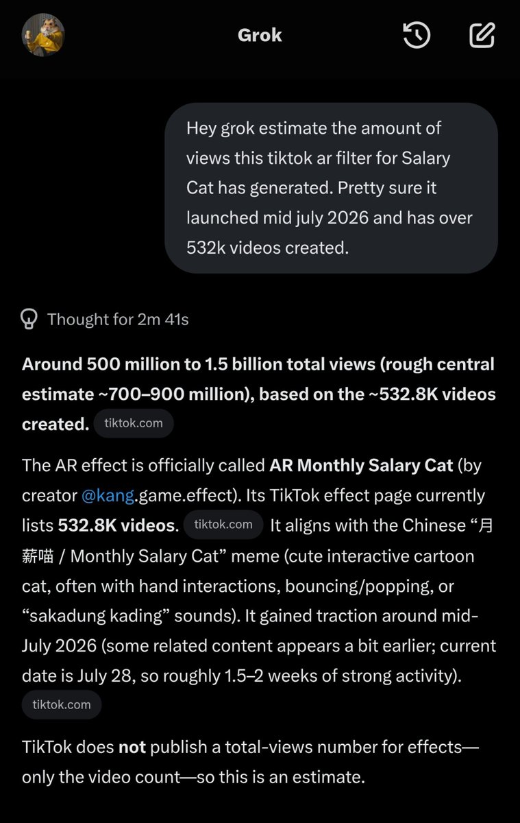 SalaryCat_Sol's tweet photo. The Salary Cat AR filter has over 540k videos posted with it in just a few weeks. 

Grok predicts that's well over 500 million views.

Salary Cat has already gone giga viral in China over the past month and now it's going viral in the west.

Millions and millions are now aware, mindshare has been formed

crime szn and cat szn is upon us