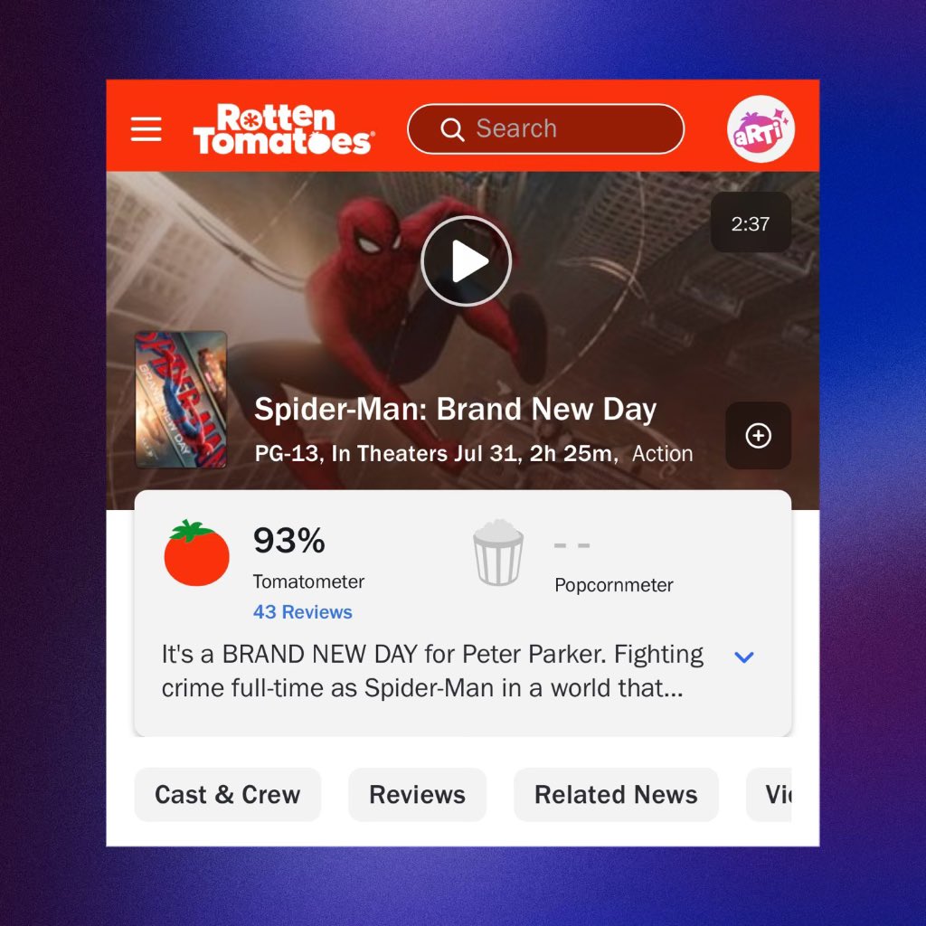 PopBase's tweet photo. ‘SPIDER-MAN: BRAND NEW DAY’ debuts with 93% on Rotten Tomatoes. https://t.co/NGHsoggkA6