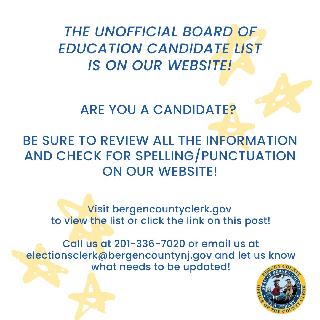 electionsclerk's tweet photo. Click this link to view the Unofficial 2026 Nov. General Election Board of Ed Candidate list https://t.co/cgS7H3duYU

Are you a candidate? Be sure to review all your info and call/email us if you find something that needs to be updated! https://t.co/sbfj6fGvtt