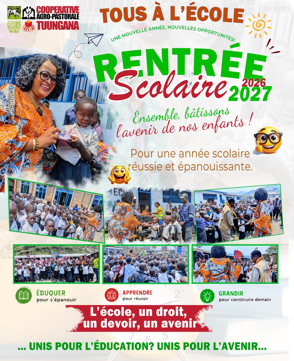 CapmTuungana's tweet photo. Rentrée scolaire 2026-2027 : Tous à l'école !

La Coopérative Agro-Pastorale TUUNGANA accompagne nos enfants en leur fournissant des fournitures scolaires pour une année réussie et épanouissante.

Éduquer. Apprendre. Grandir. 🌍

L'école : un droit, un devoir, un avenir.

#RentréeScolaire2026 #Éducation #Tuungana #RDC @UNICEFDRC